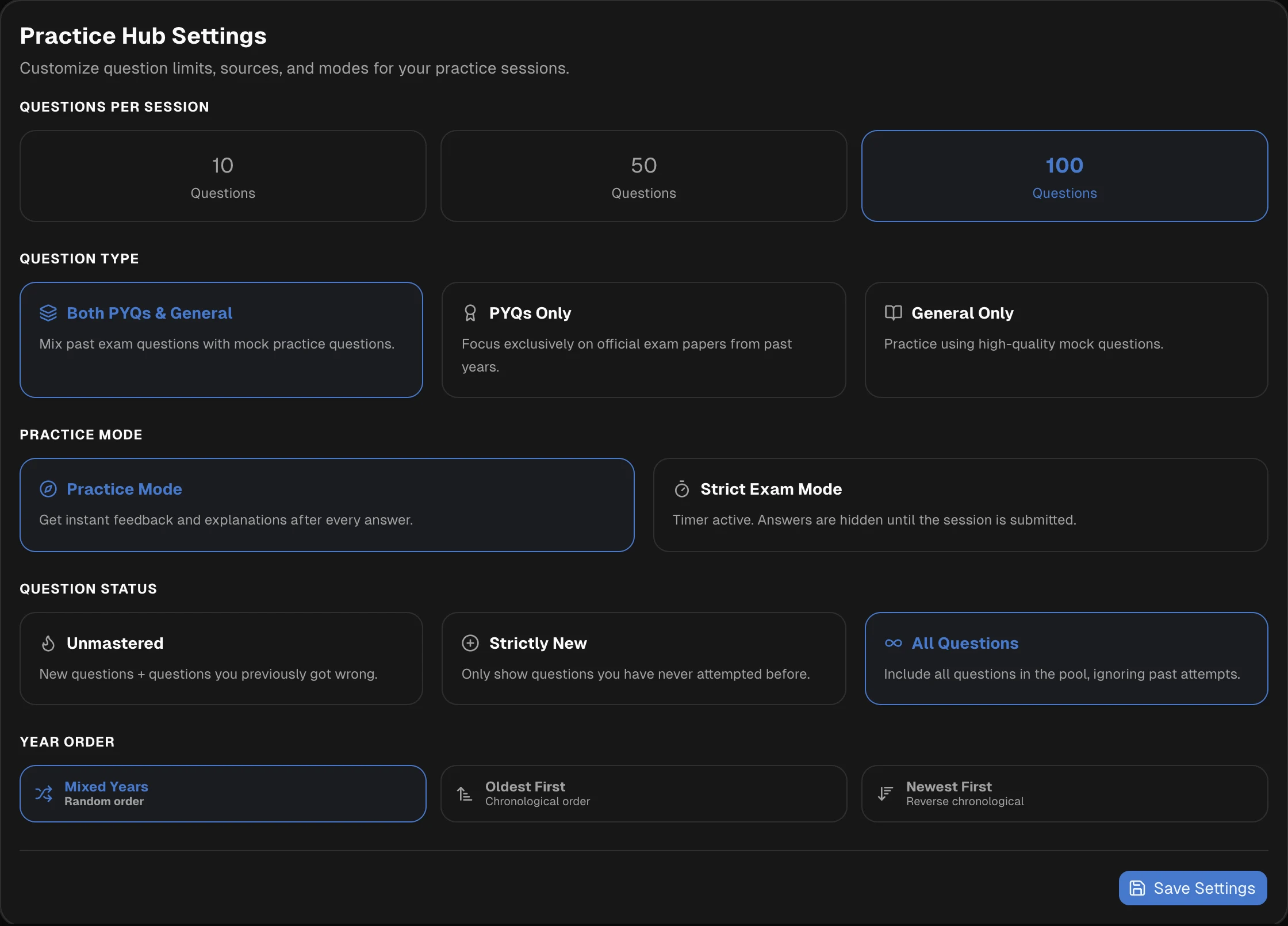 Practice settings interface preview