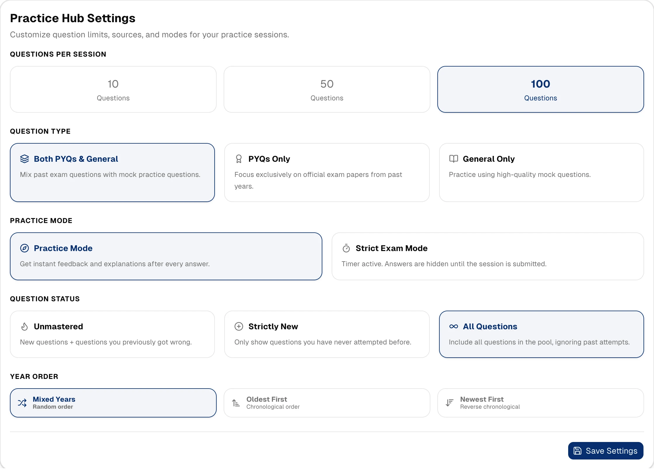 Practice settings interface preview